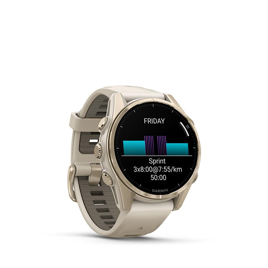 Garmin fenix 8 AMOLED Sapphire 43mm Watch Watch Color: Gold Wristband: Gray/ Dark Sandstone - Silicone
